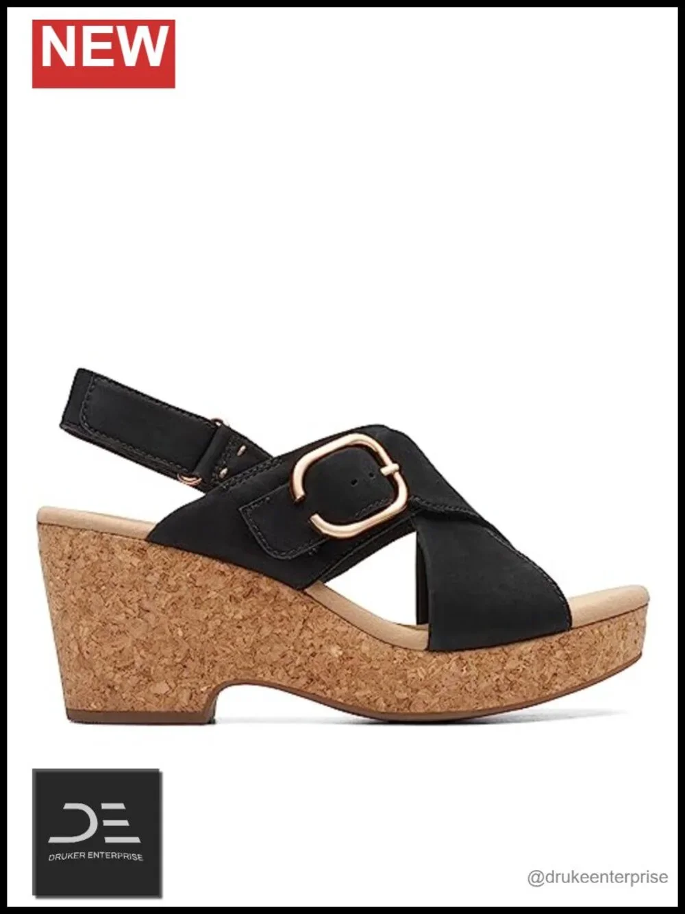 Clarks Wedge Sandals Women's Hook & Loop Leather Open Toe Slingback 3 Inch Heel